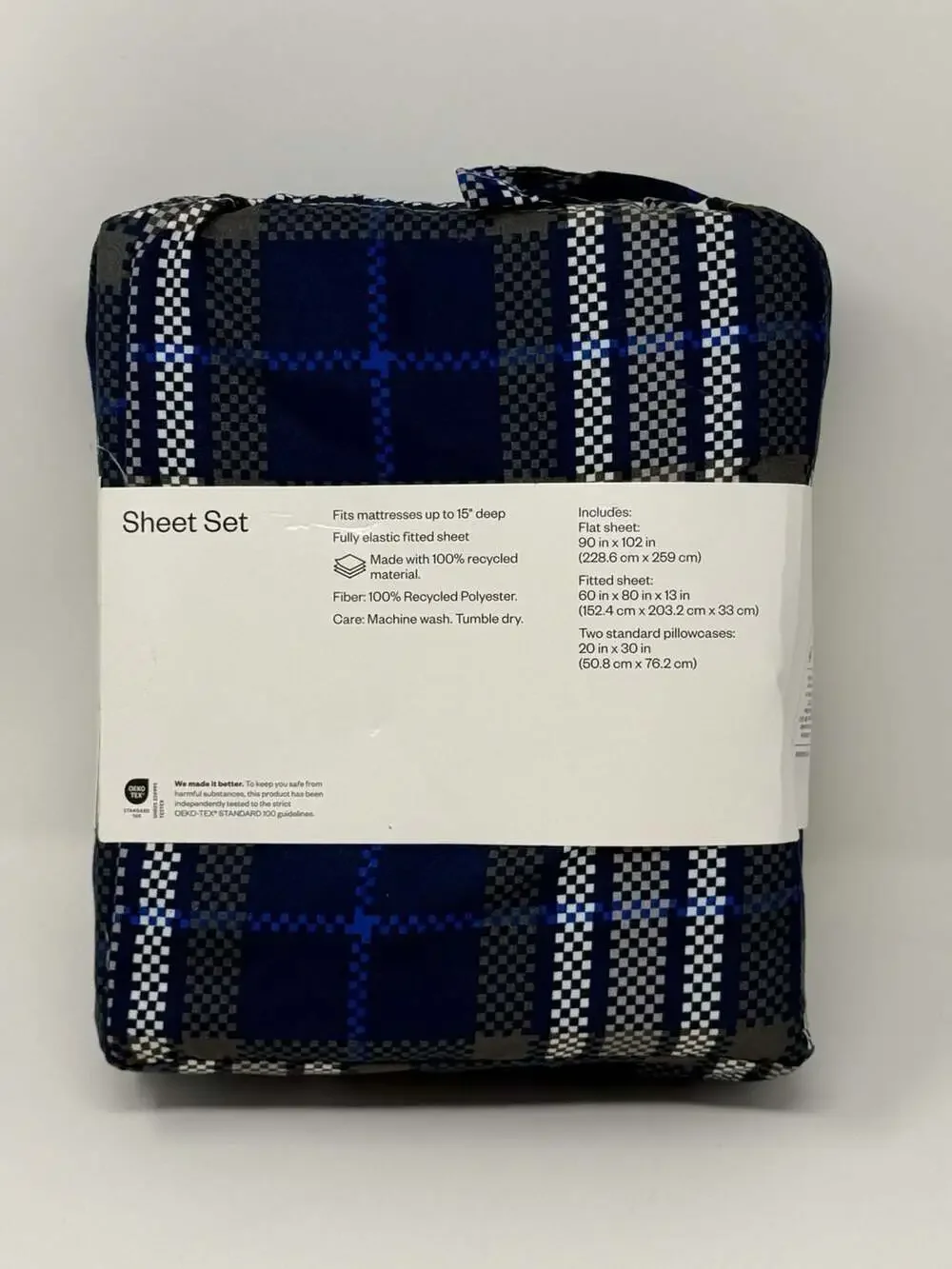 Room Essentials Queen Microfiber Sheet Set Navy Blue Gray Plaid Checkered